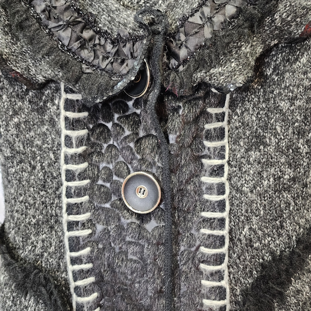 Romantic Knit Cardigan Charcoal Gray Ruffle Trim Vintage Style Button Front Size - Picture 8 of 14